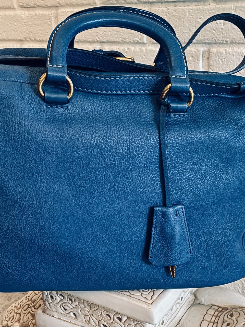 💙 PRADA Vitello Daino Bauletto Satchel Crossbody Bag Blue Very Chic EUC - Picture 6 of 17